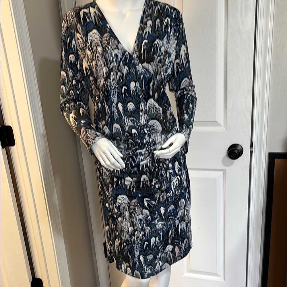 Jennifer Lopez Blue and White Wrap Dress with V-Neck